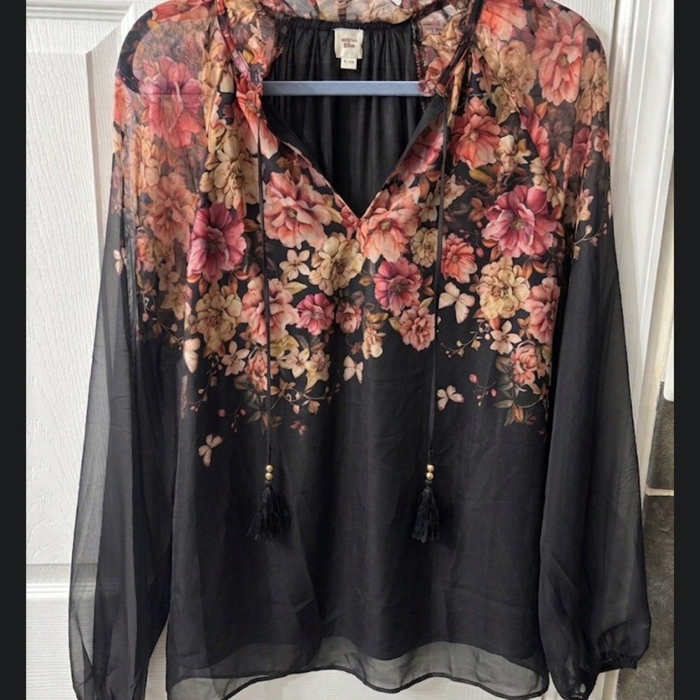Sheer Floral V-Neck Blouse in Black with Pink & Cream Flowers